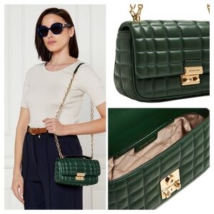 Michael Kors Tribeca Small Quilted Leather Shoulder Bag Dark Green/Gold Hardware